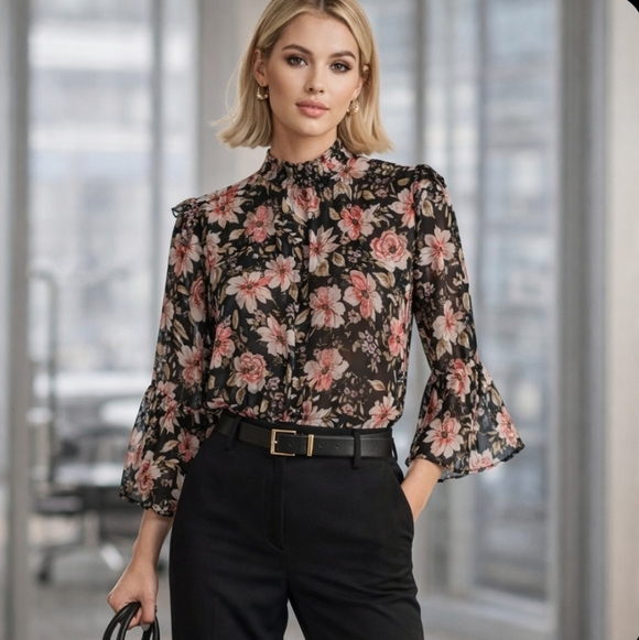 Maurices Tops - Floral sheer boho gathered mock neck flowy ruffle shimmer wide sleeve M